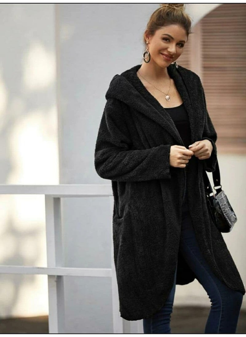 Solid Dual Pocket Open Front Teddy Coat (Black) - Image 5